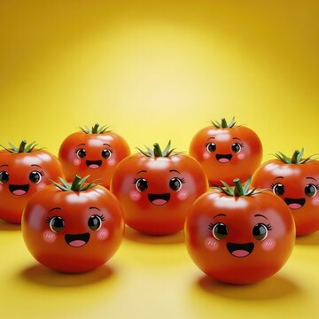 A cheerful group of ripe red tomatoes featuring cute cartoon faces and big smiles, arranged on a bright yellow background for a fun vibe, summer, healthy, nature
