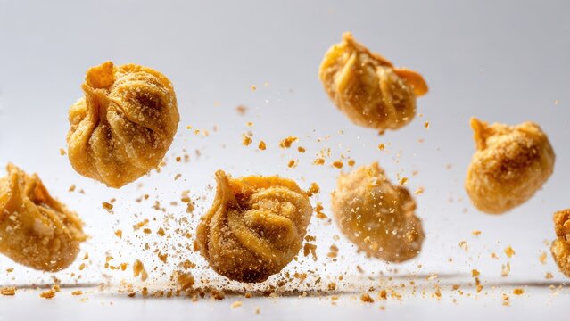 Crispy Fried Momos Flying with Crumbs Dynamic Food Splash Isolated on White Background Genrative ai