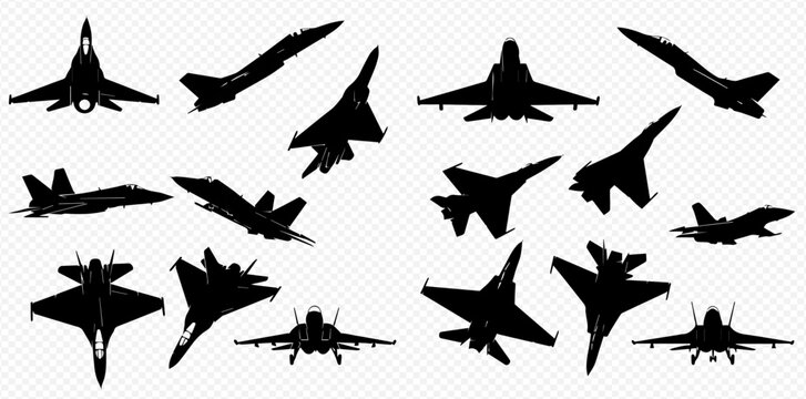Set of various fighter jet silhouettes in different perspectives, showcasing military aircraft designs.