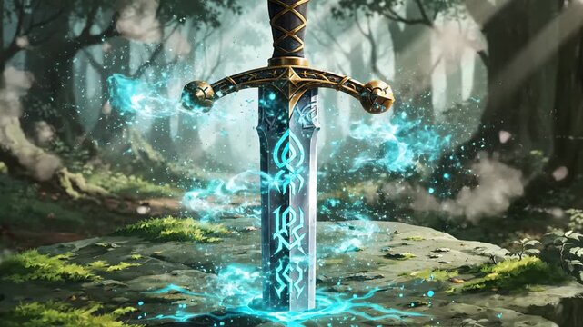 A magical sword with blue glowing runes stuck in the ground in a mystical forest.