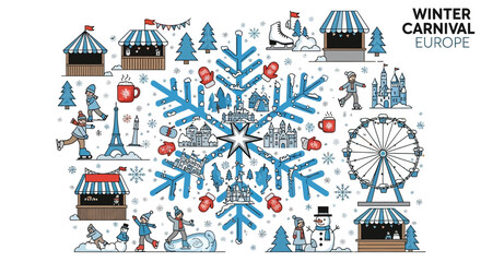 Fototapeta premium Winter Carnival Europe Snowflake Illustration: Ice Skating, Ferris Wheel, Stalls, Snowman