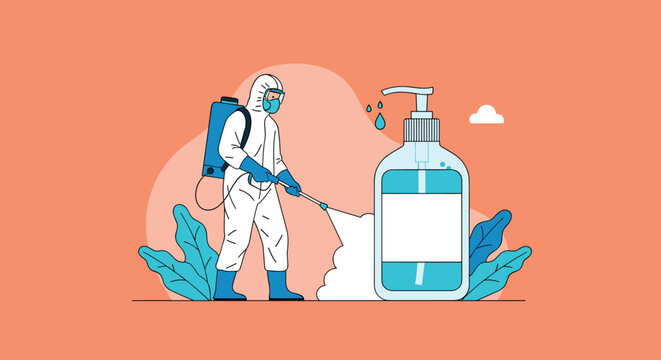 Worker in a protective hazmat suit using a spray device to disinfect a large bottle of hand sanitizer for safety.