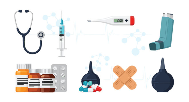 Set of various medical tools and healthcare equipment including stethoscope syringe thermometer inhaler and medicine bottles.