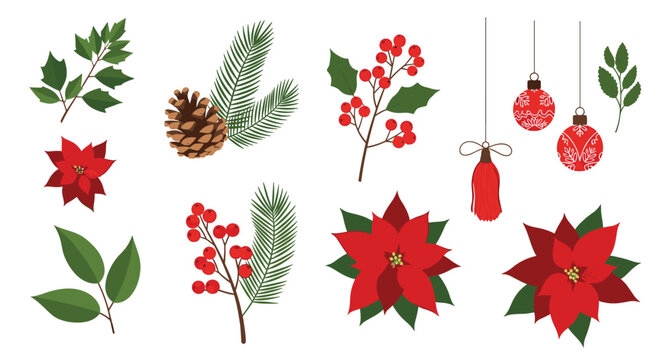 Set of traditional Christmas elements including red poinsettia flowers holly leaves pine cones berries and hanging ornaments.