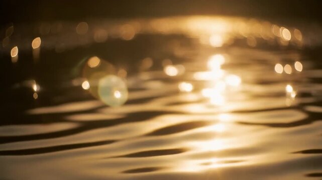 Golden hour water reflection with floating tea light candles. Warm sunset glow on gentle ripples. Four sequential frames showing soft candlelight on calm water surface.