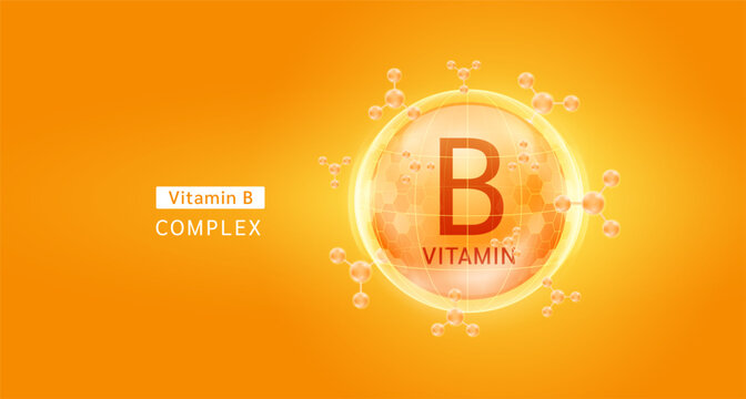 Orange vitamin B complex solution in hexagonal dome with molecules. For cosmetic products ads or supplement. Medical health care skin protection. Vector EPS10.