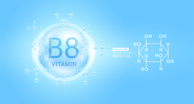 Blue vitamin B8 complex solution in hexagonal dome with molecules. Chemical structure of Inositol. For cosmetic products ads or supplement. Medical health care skin protection. Vector EPS10.