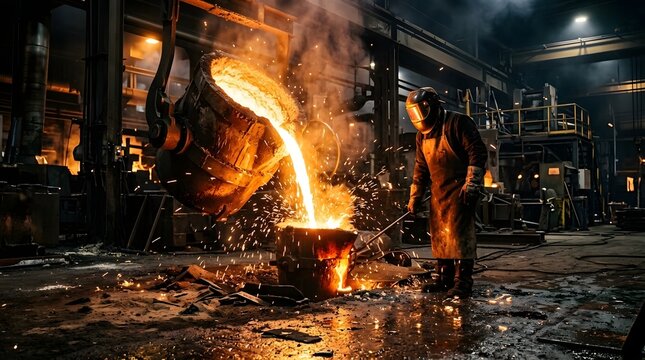 Industrial worker pouring molten metal in a foundry workshop