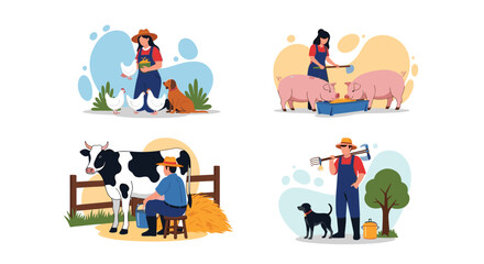 Fototapeta premium Set of illustrations featuring hardworking farmers caring for various farm animals like chickens pigs and a dairy cow.