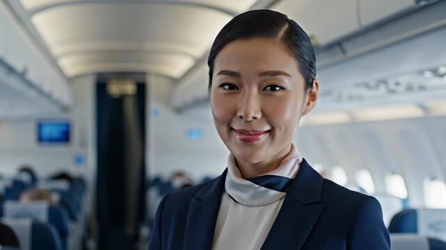 Passenger in airplane cabin smiling with eyes closed during flight
