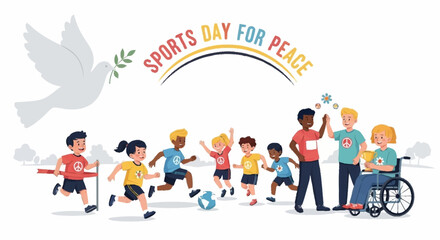 Fototapeta premium Children celebrating Sports Day for Peace with unity, sportsmanship, and inclusion symbolized by a dove and diverse participants