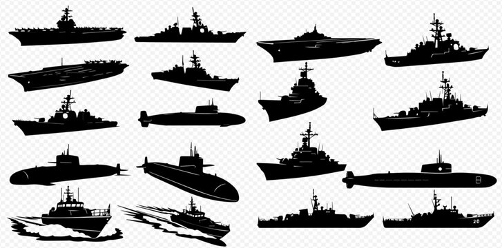 Set of various military ships and submarines silhouettes on transparent background, showcasing different types of naval vessels for warfare and defense.