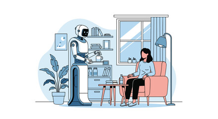 Fototapeta premium Humanoid domestic robot serving a drink to a woman sitting on a sofa in a modern smart home environment.