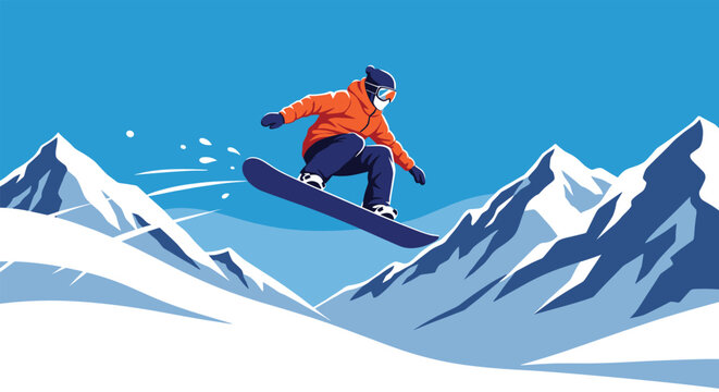 Snowboarder in a bright orange jacket performing a jump across snowy mountain peaks under a clear blue sky.