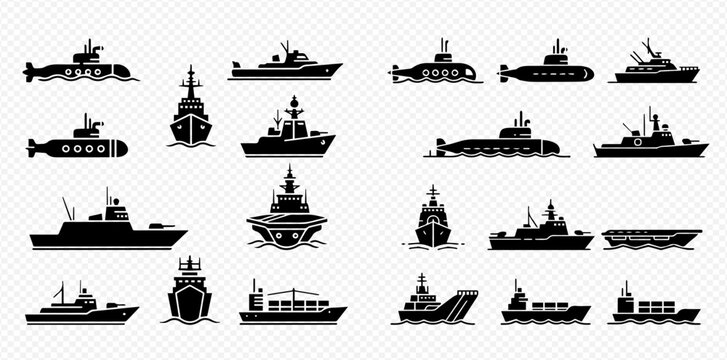 Set of various black silhouettes of naval ships, submarines, and cargo vessels on a transparent background.
