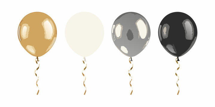 Four balloons in gold white silver and black hues are displayed