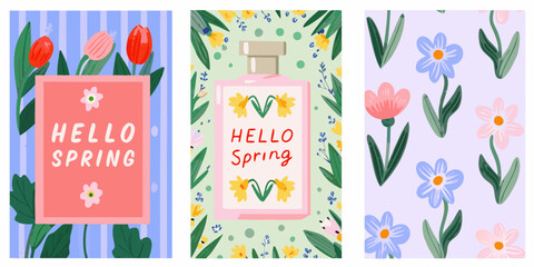Three floral patterned panels with spring greetings and botanical designs © Pabitra