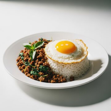 Pad krapow gai, thai basil chicken stirfry with rice and fried egg