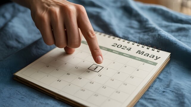 A person pointing at the first day of may on a paper wall calendar for the year 2024