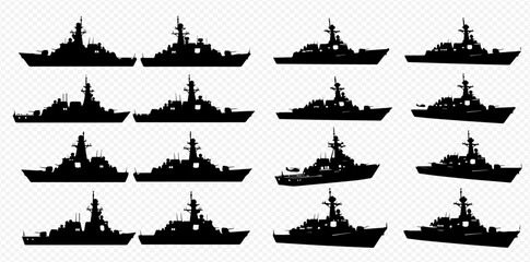 Collection of various warship and destroyer silhouettes, military naval vessels for combat and defense operations. © Adji