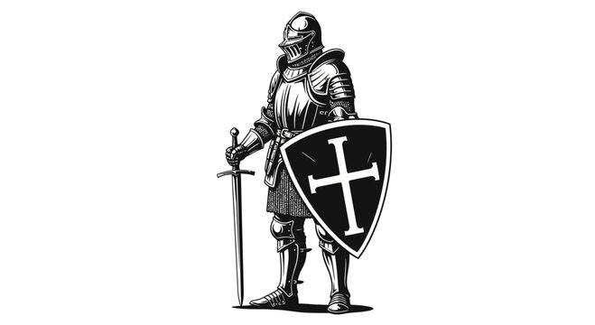 Medieval Knight in Full Armor with Sword and Shield, Emblematic Design