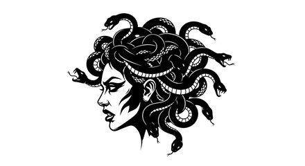 Medusa Gorgon Head Silhouette with Snakes Hair, Greek Mythology Character © punduh