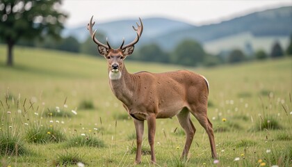 Obraz premium Red Deer Stag with Antlers Standing in a Green Field with a Forest Background