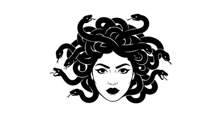 Medusa Gorgon Woman with Snake Hair, Greek Mythology Icon, Black and White Illustration © punduh