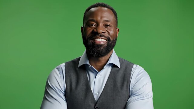 Smiling African American man in formal attire against green background