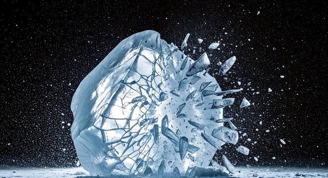 Shattered Ice Block with Fragments Flying.