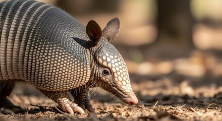 Fototapeta premium A close-up of an armadillo walking on the ground in a natural outdoor setting