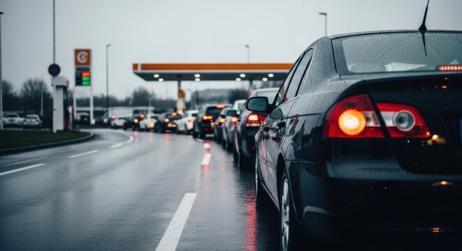 Vehicles in a long line at a gas station on a wet, overcast day, symbolizing delays.