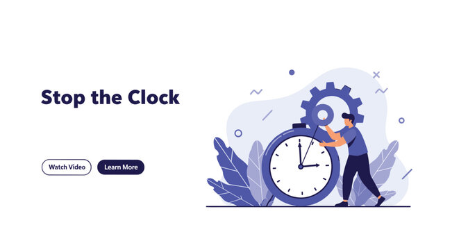 Focused man trying to stop a large blue clock by adjusting gears to represent time management and meeting tight deadlines.