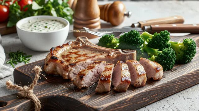 Perfectly cooked pork chop and broccoli meal on rustic board
