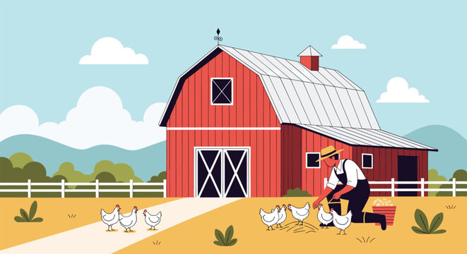 Farmer in a straw hat and overalls feeding a group of white chickens in front of a large red barn on a sunny day in the country.