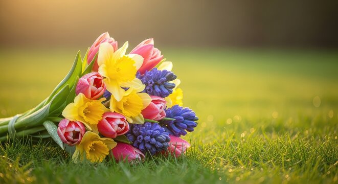 Warm sunlight glows on a bouquet of fresh spring blossoms shared during a gentle moment of connection within a peaceful, lush green meadow, connection, bright, botany