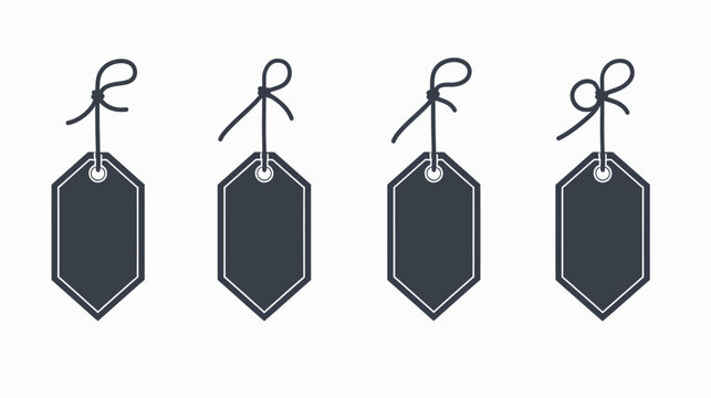Four dark tags with string ties hang on a white background, graphic resource