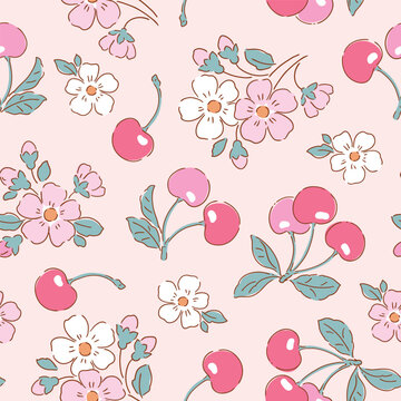 Seamless vector pattern with hand drawn cherry on isolated background. Perfect for textile, wallpaper or nursery print design.