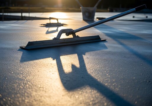 Squeegee on a flat roof surface at sunset