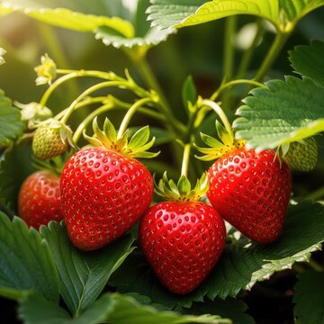 A close-up view of bright red ripe organic strawberries growing on a lush green bush in a sunlight garden, featuring copy space for text, close-up, bush, field