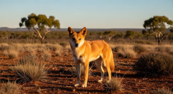 A dingo stands in a dry, grassy field with trees in the background under a clear blue sky.