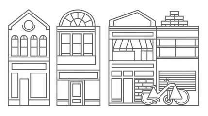 Naklejka premium Gray outlined flat buildings, including a bicycle leaning against the side wall