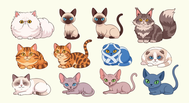 cute cat breeds cartoon collection in one frame, Persian Siamese Maine Coon British Shorthair Bengal Scottish Fold Ragdoll Sphynx Russian Blue, soft pastel cartoon style