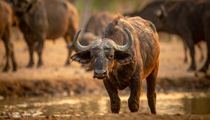 Fototapeta premium Wild buffalo standing in savannah landscape.