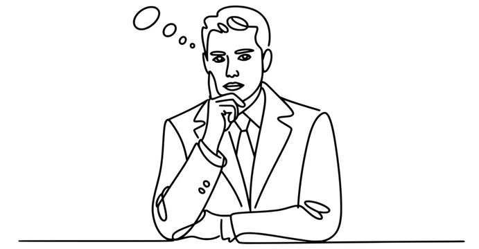 line art of business man thinking vector, line drawing of man think , one line drawing of man