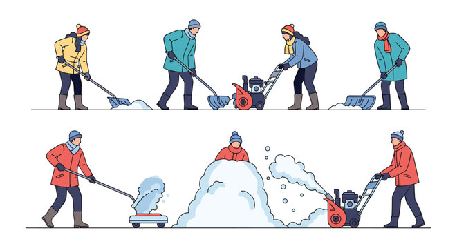 Various people using snow shovels and snow blowers to clear a path during the cold and snowy winter season.
