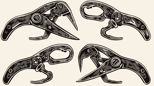 Four vintage, textured shearing tools are placed against a light background