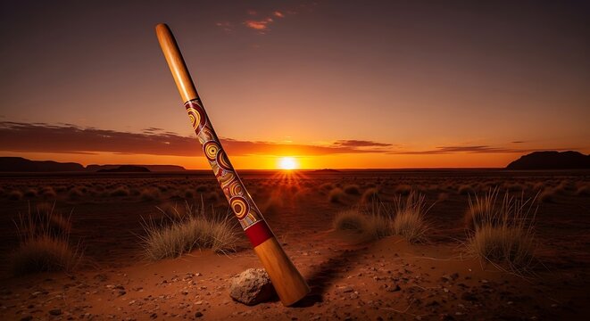 Traditional australian aboriginal didgeridoo standing upright in the desert at sunset