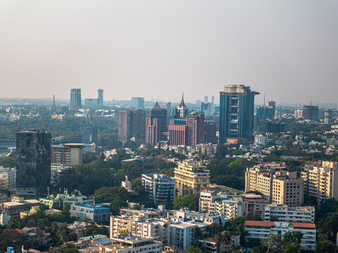 Aerial view of the modern high-rise skyscrapers in Bengaluru, Karnataka, showcasing the city's dynamic skyline. Cityscape highlights Bengaluru's blend of urban development and architectural brilliance