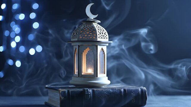 Ramadan lantern with crescent moon on book, blue bokeh lights